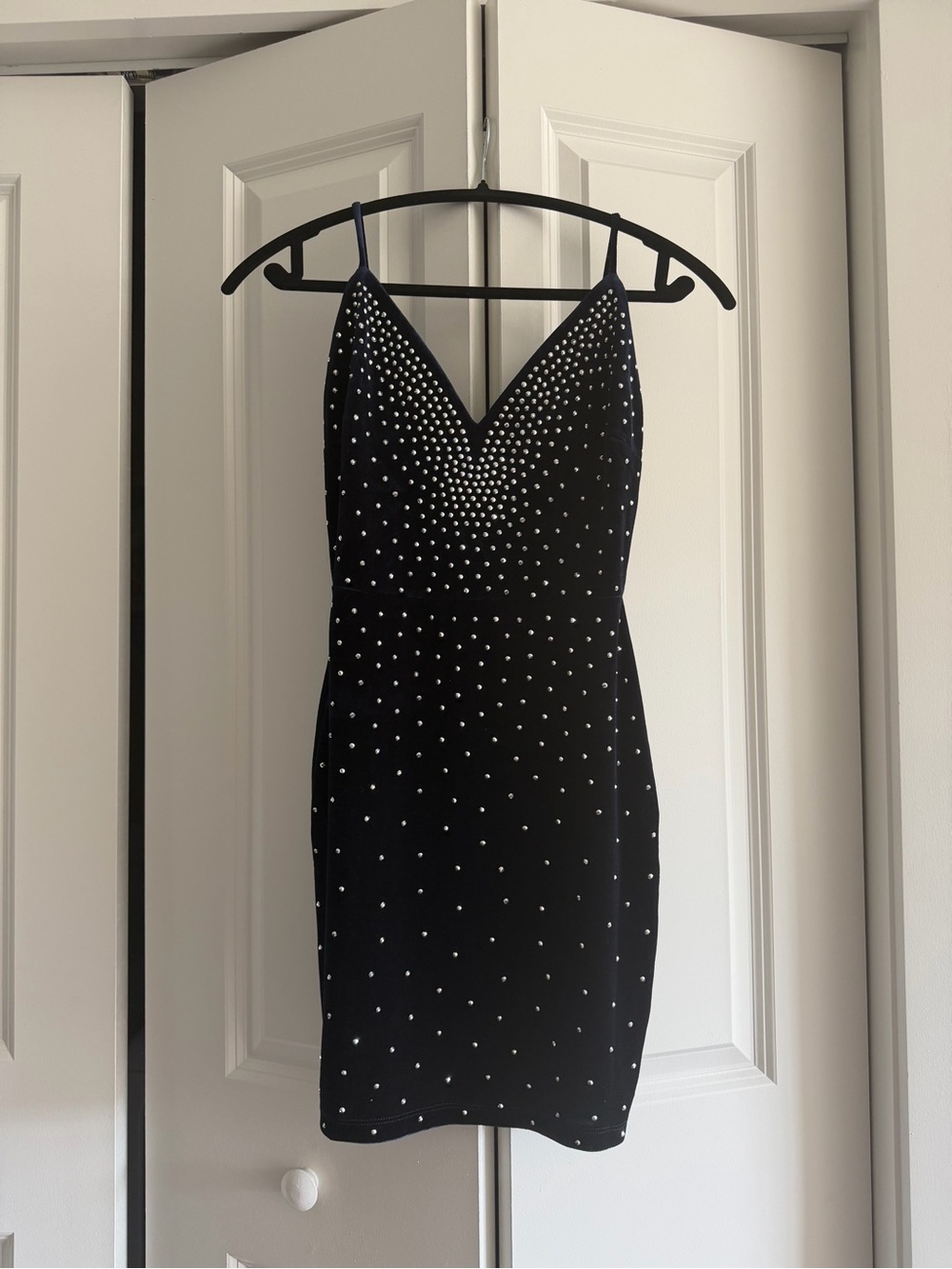 Dark Navy Crystal-Embellished Velvet Slip Dress
